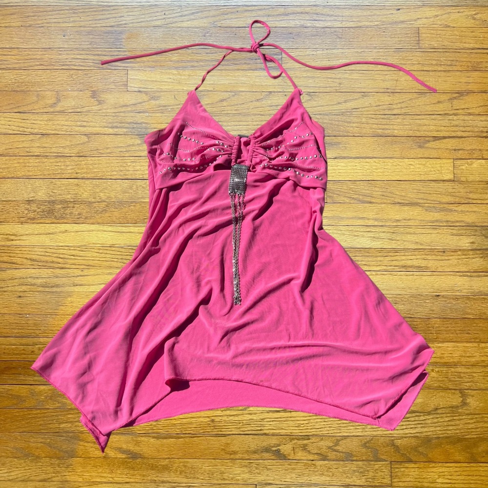 Vogue by Tip's Pink Rhinestone Halter Top Handkerchief Hem Y2K Tassel Small